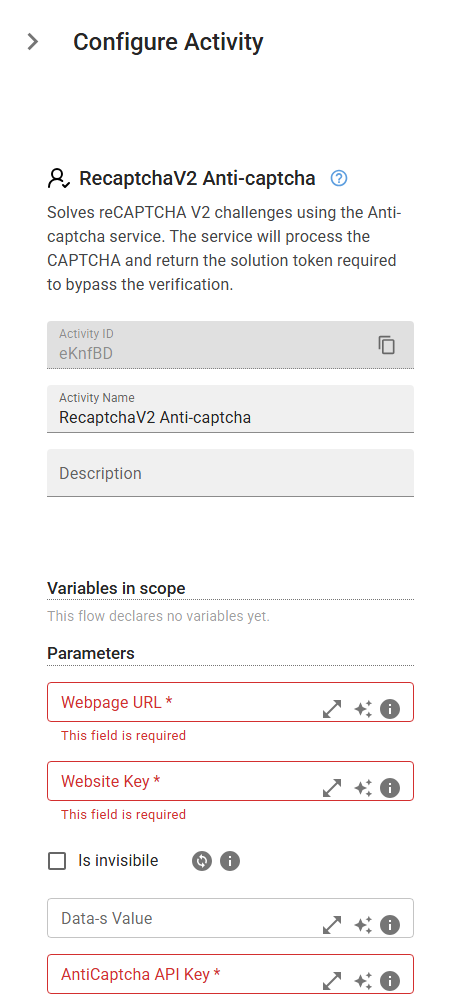 The V2RecaptchaAnticaptcha activity in the designer
