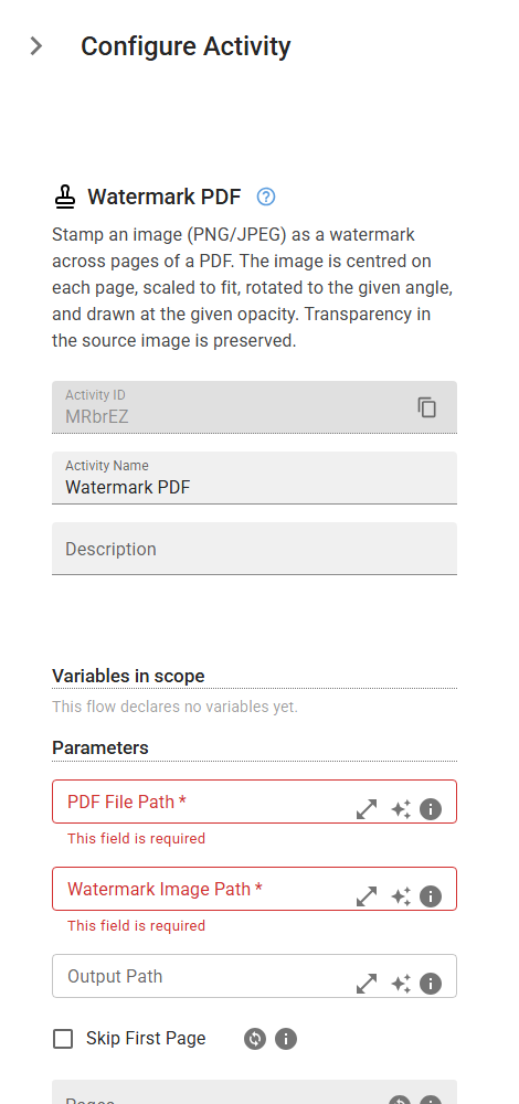 The WatermarkPDF activity in the designer