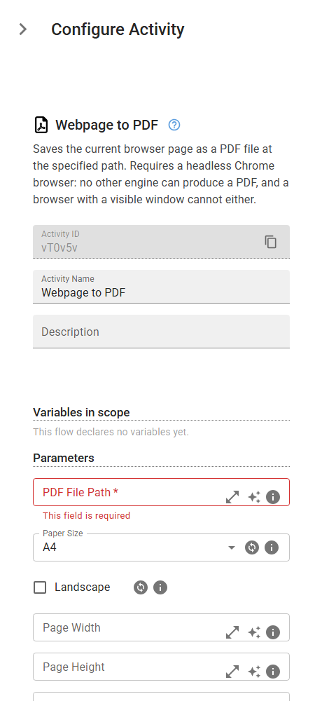 The WebpageToPDF activity in the designer