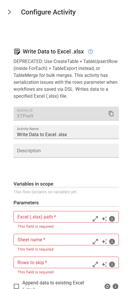 The WriteToExcel activity in the designer