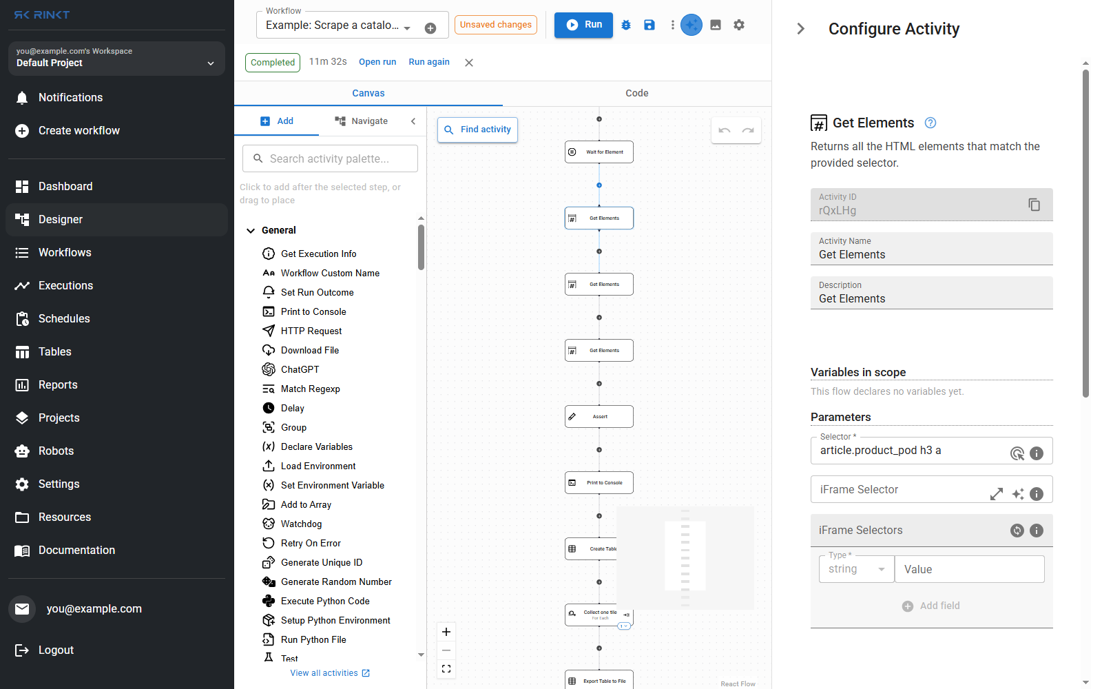 The configure panel
