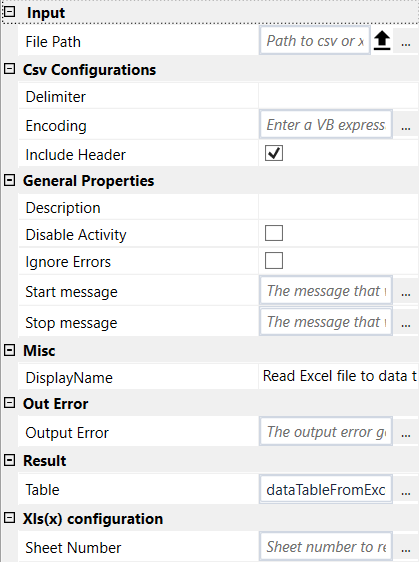 Excel to Datatable properties