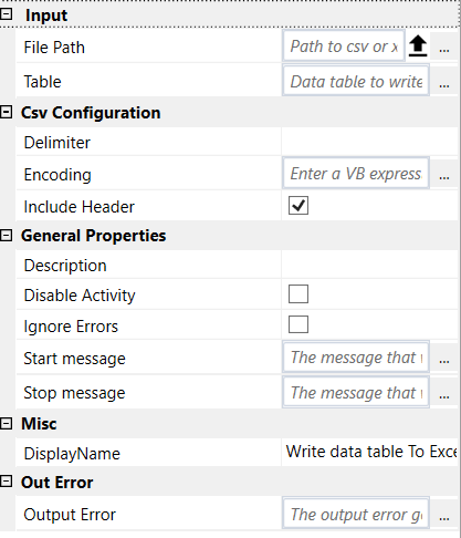 Write excel properties