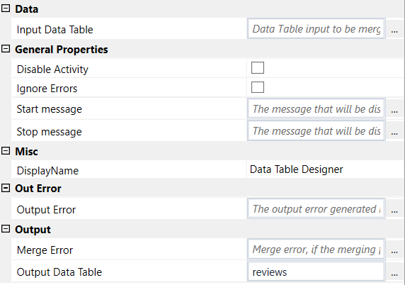 Data Table designer properties