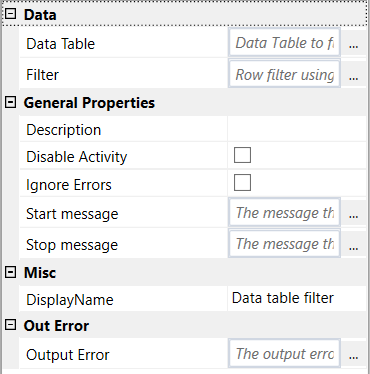 Data Table Filter properties
