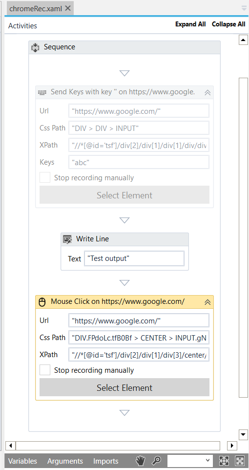 Rinkt Activites panel