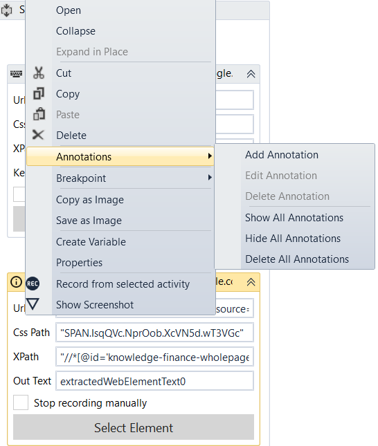 Rinkt Activity Context Menu